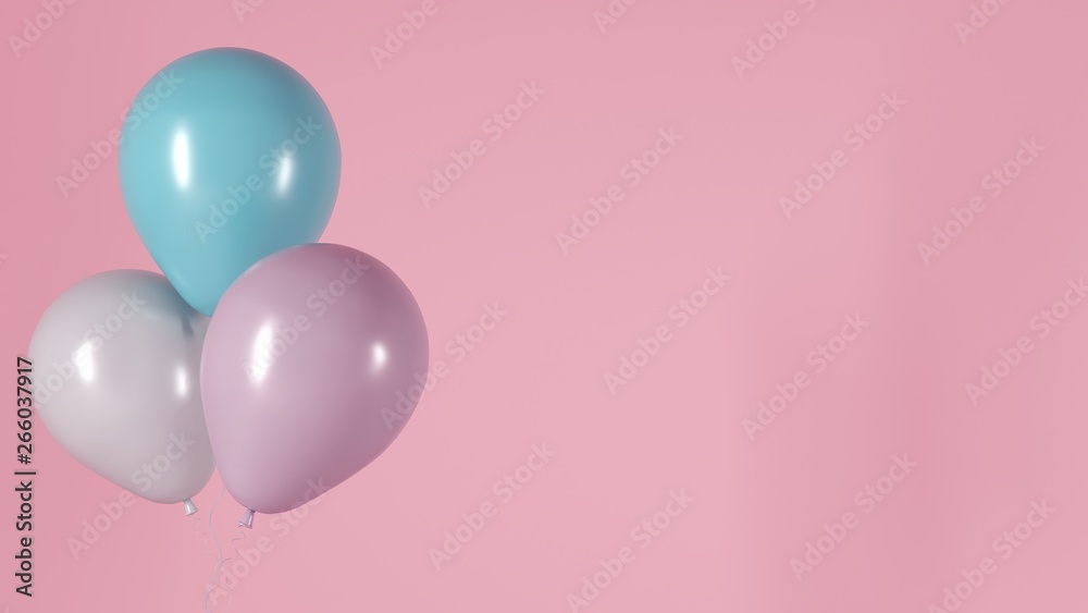 Blue balloons on a pink light background of the room, studio. Festive illustration, greeting card, poster, congratulations on birthday, anniversary. Minimalistic creative picture - 3D, render.