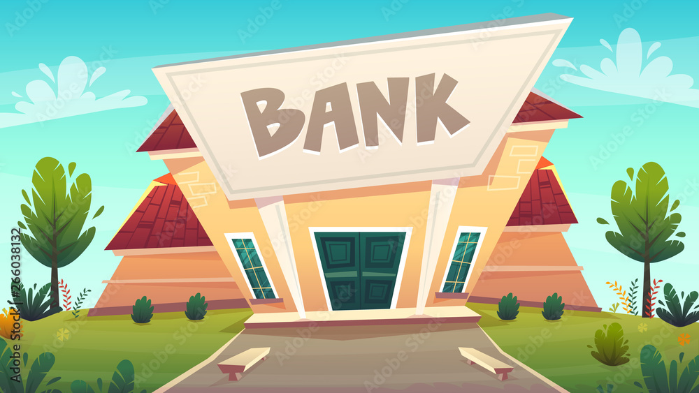 cartoon bank branch at city street illustration . happy financial business planing . money of stock exchange finance vector. safe deposit box or credit cartoon bank branch at city street illustration . happy financial business planing . money of stock exchange finance vector. safe deposit box or credit