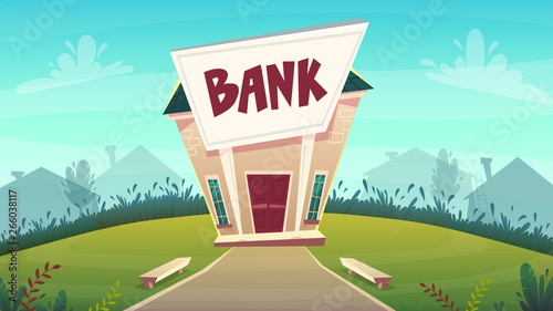 cartoon bank branch at city street illustration . happy financial business planing .  money of stock exchange finance vector. safe deposit box or credit