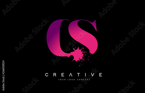 Purple Pink CS C S Letter Logo Design with Ink Watercolor Splash Spill Vector.