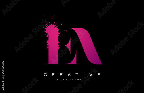 Purple Pink EA E A Letter Logo Design with Ink Watercolor Splash Spill Vector.