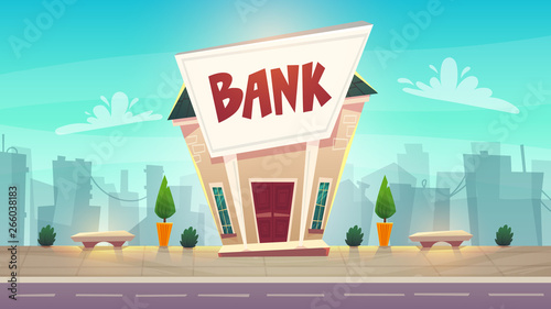 cartoon bank branch at city street illustration . happy financial business planing .  money of stock exchange finance vector. safe deposit box or credit