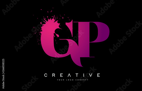 Purple Pink GP G P Letter Logo Design with Ink Watercolor Splash Spill Vector.