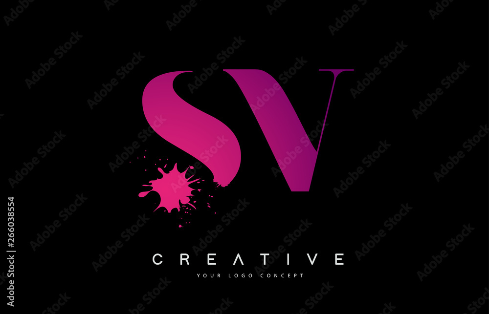Purple Pink SV S V Letter Logo Design with Ink Watercolor Splash Spill Vector.