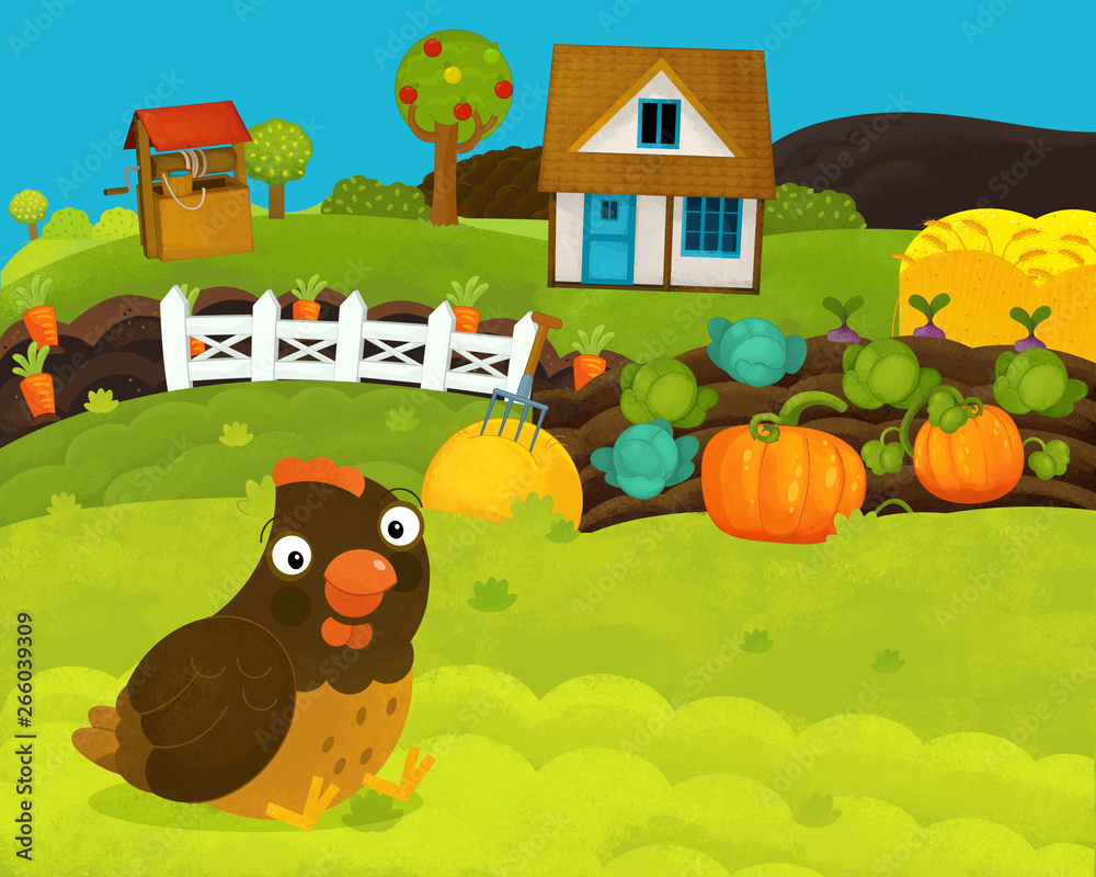 Fototapeta premium cartoon happy and funny farm scene with happy hen - illustration for children
