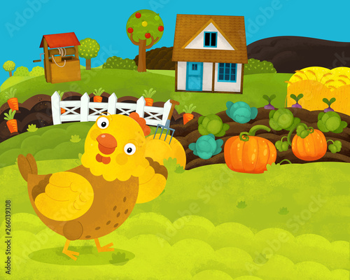 cartoon happy and funny farm scene with happy hen - illustration for children