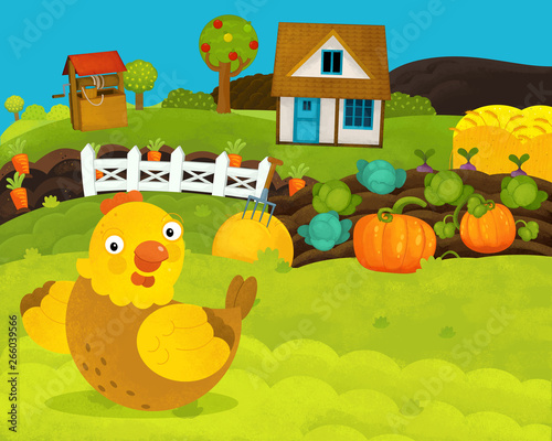 cartoon happy and funny farm scene with happy hen - illustration for children © agaes8080
