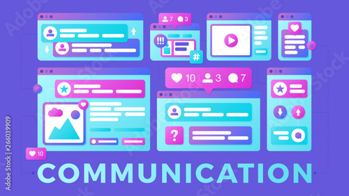 Vector illustration of a social media communication concept. The word communication with colorful cross-platform browser windows.