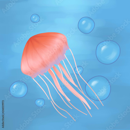 Pink jellyfish with tentacles swims in the blue sea water with air bubbles