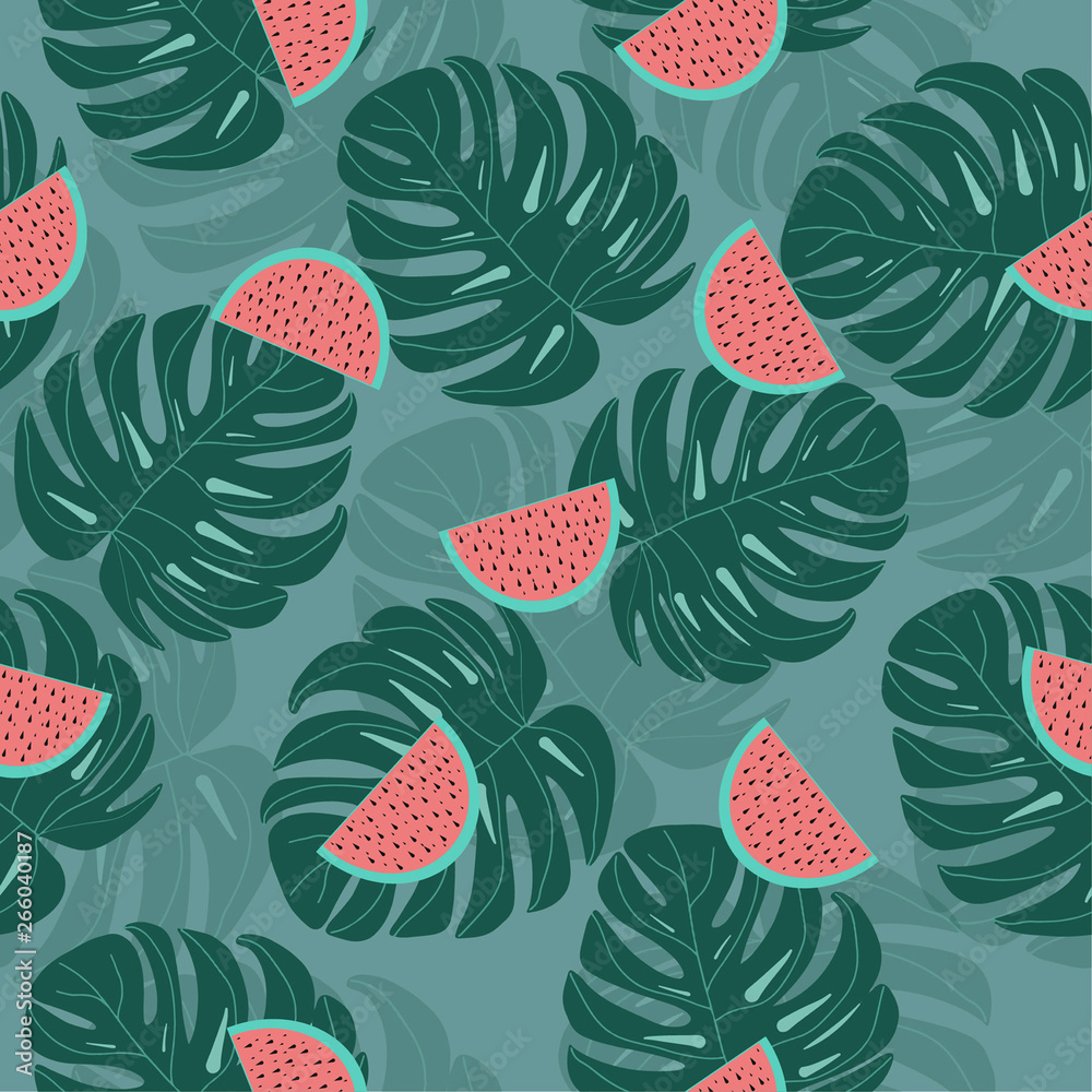 vector seamless pattern with pink watermelon palm leafs vector seamless pattern with pink watermelon palm leafs