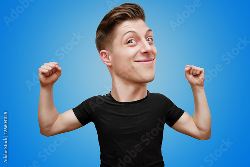 Funny caricature portrait casual, strong man with fashion hair style on blue background photo