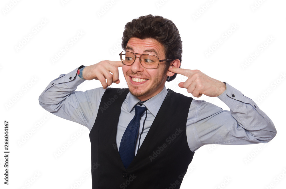 Young businessman in funny concept on white Young businessman in funny concept on white