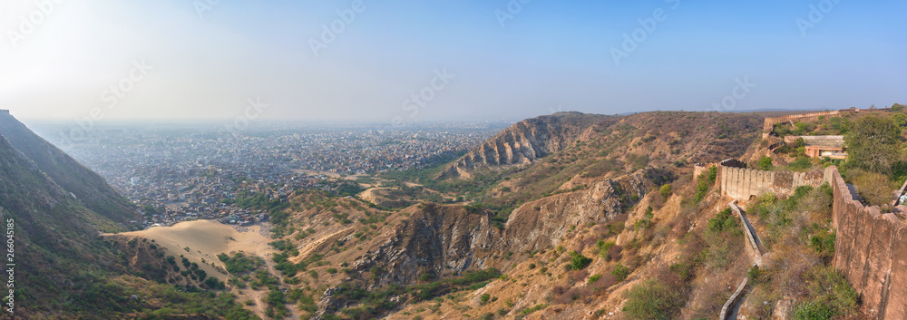Panoramic beautiful view from Nahargarh Fort stands on the edge of the Aravalli Hills, overlooking the city of Jaipur in the Indian state of Rajasthan, India.