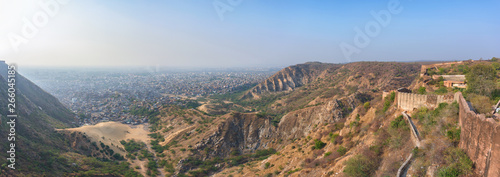 Panoramic beautiful view from Nahargarh Fort stands on the edge of the Aravalli Hills, overlooking the city of Jaipur in the Indian state of Rajasthan, India.