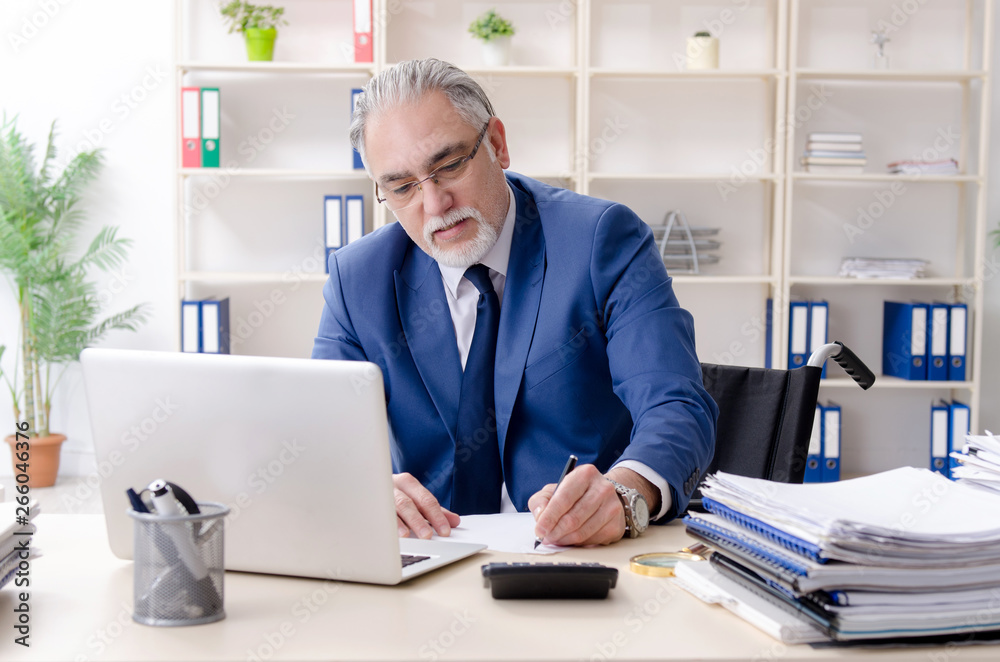 Aged employee in wheelchair working in the office 