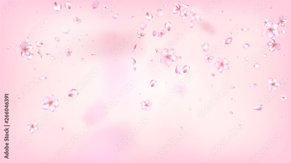 Nice Sakura Blossom Isolated Vector. Feminine Blowing 3d Petals Wedding Pattern. Japanese Bokeh Flowers Illustration. Valentine, Mother's Day Realistic Nice Sakura Blossom Isolated on Rose