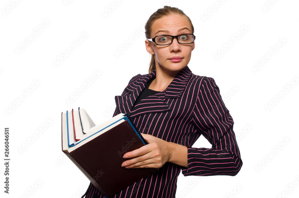 Young woman in purple costume holding books Young woman in purple costume holding books