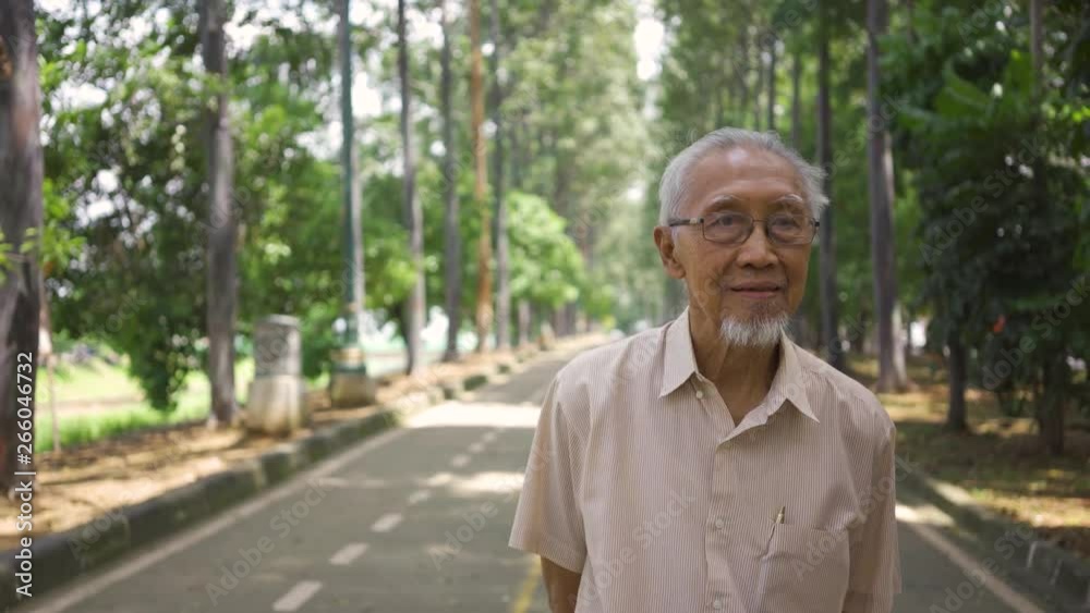Happy senior man enjoying leisure time while walking alone on the park. Shot in 4k resolution Happy senior man enjoying leisure time while walking alone on the park. Shot in 4k resolution