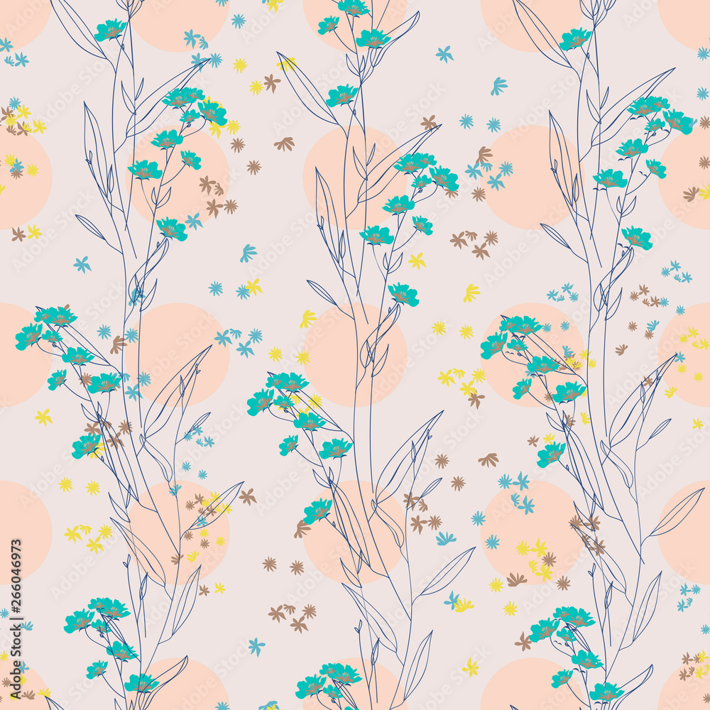 Blossom floral seamless pattern. Blooming botanical motifs scattered random. Trendy color vector texture. Good for fashion. Print border. Hand drawn small flowers on beige background with polka dots