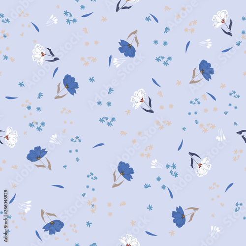 Blossom floral seamless pattern. Blooming botanical motifs scattered random. Trendy colorful vector texture. Good for fashion. Ditsy print. Hand drawn small flowers on blue background 