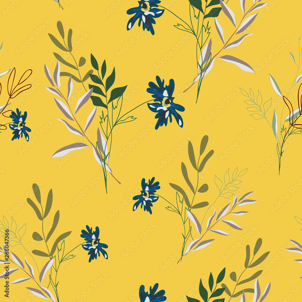 Blossom floral seamless pattern. Blooming botanical motifs scattered random. Vector texture with doodle elements. Good for fashion prints. Hand drawn flowers with leaves, branches on yellow background Blossom floral seamless pattern. Blooming botanical motifs scattered random. Vector texture with doodle elements. Good for fashion prints. Hand drawn flowers with leaves, branches on yellow background