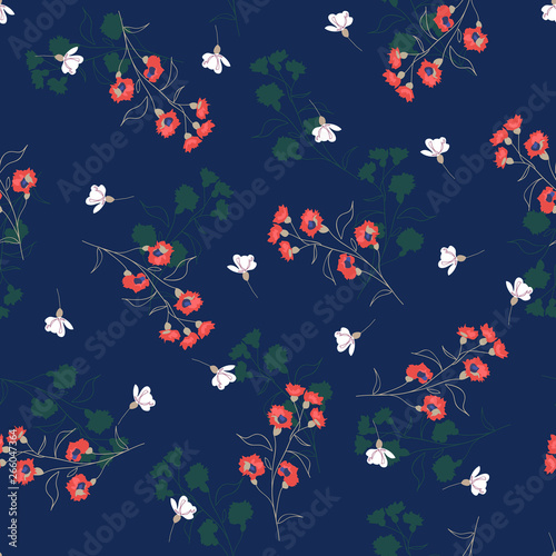 Blossom floral seamless pattern. Blooming botanical motifs scattered random. Vector texture with doodle elements. Good for fashion prints. Hand drawn flowers with leaves, branches on blue background