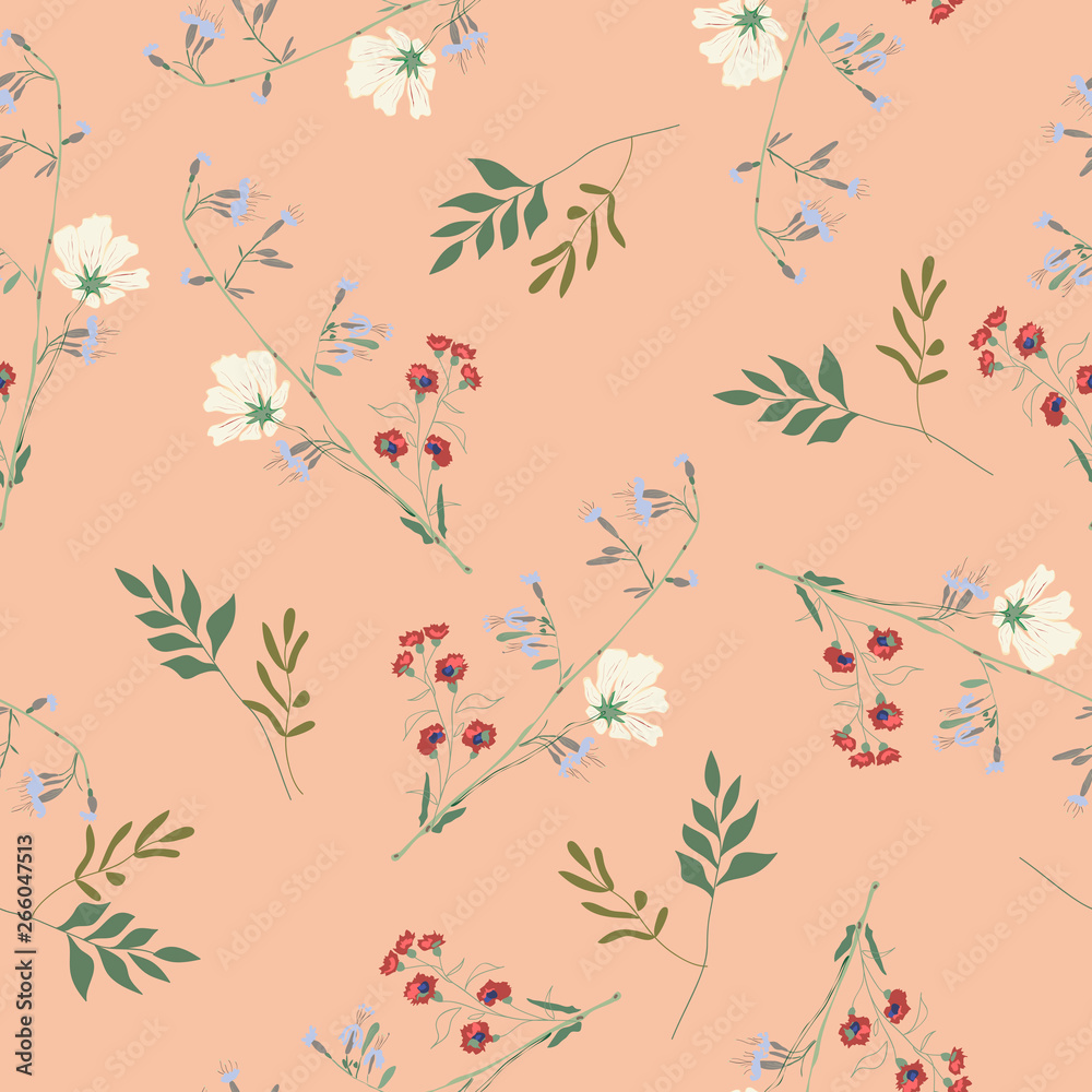 Blossom floral seamless pattern. Blooming botanical motifs scattered random. Vector texture with doodle elements. Good for fashion prints. Hand drawn wild flowers and branches on beige background Blossom floral seamless pattern. Blooming botanical motifs scattered random. Vector texture with doodle elements. Good for fashion prints. Hand drawn wild flowers and branches on beige background