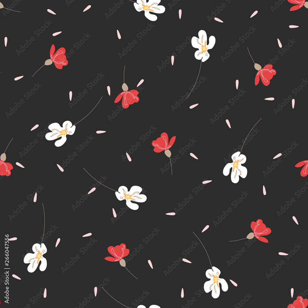Romantic blossom floral seamless pattern. Blooming botanical motifs scattered random. Colorful vector texture. Good for fashion prints. Hand drawn small red and white flowers on dark grey background Romantic blossom floral seamless pattern. Blooming botanical motifs scattered random. Colorful vector texture. Good for fashion prints. Hand drawn small red and white flowers on dark grey background