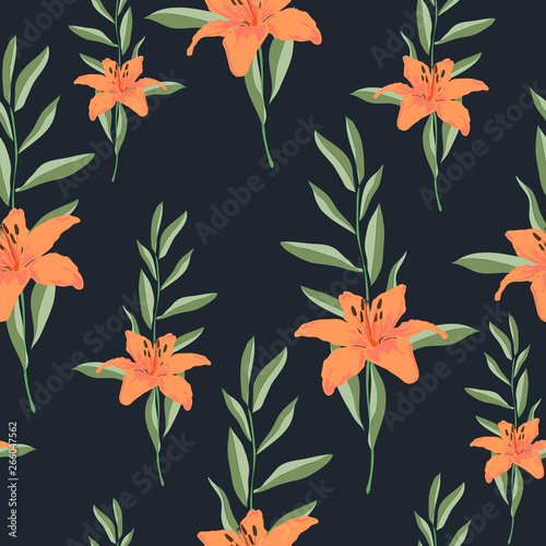 Lily flowers with green branches in pastel colors on dark background. Floral seamless pattern. Good for fashion prints. Blooming botanical motifs scattered random. Vector illustration for your design.