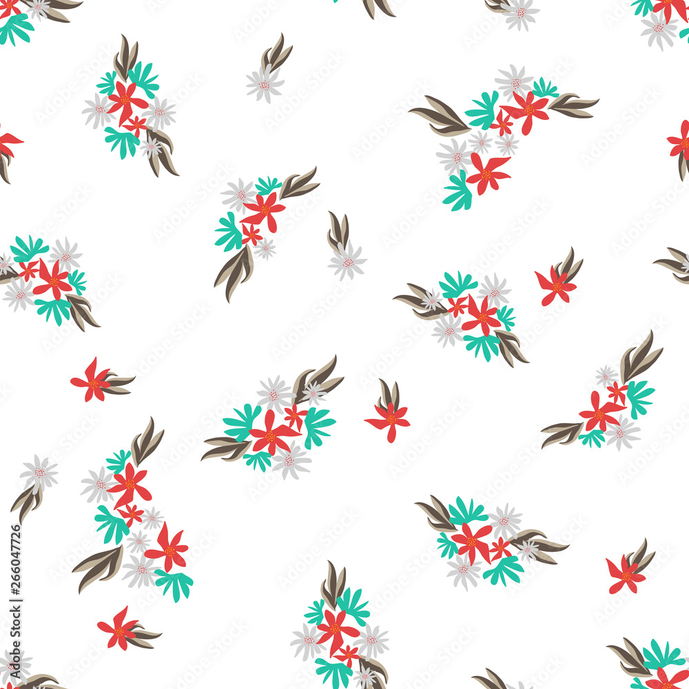 Blossom floral seamless pattern. Blooming botanical motifs scattered random. Trendy colorful vector texture. Good for fashion. Ditsy print. Hand drawn small flowers with leaves on white background 
