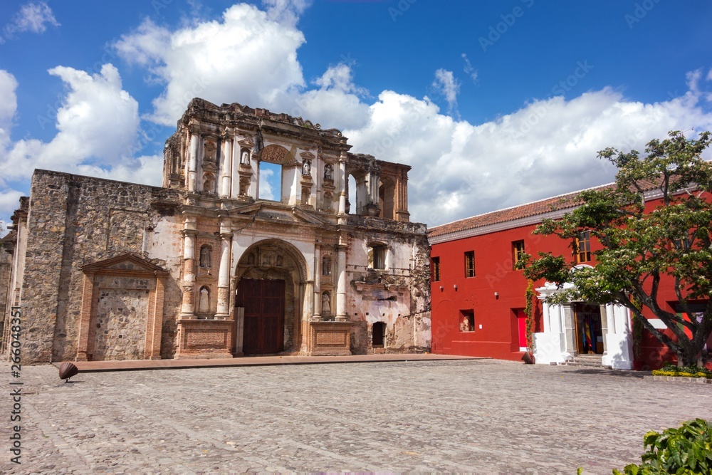 Spanish Colonial Architecture Ruins and Courtyard in front of Ibero American Center for Spanish Cooperation in Old City Antigua, a UNESCO World Heritage Site in Guatemala