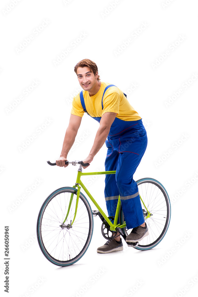 Man repairing his bike isolated on white background Man repairing his bike isolated on white background