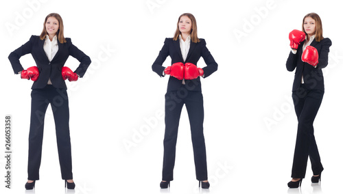 Businesswoman with boxing gloves isolated on white 