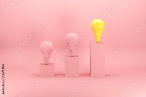 Outstanding bright yellow light bulb among pink bulbs on bar chart on pink background. Minimal conceptual idea concept.