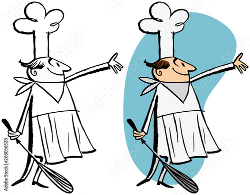 A chef in a hat and an apron holding a spatula. 