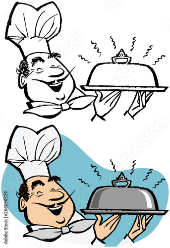 A chef holding up a silver tray of food. 