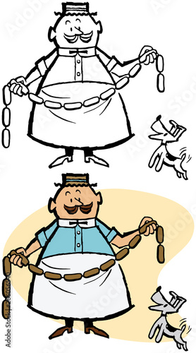 An Italian butcher holding links of sausage.