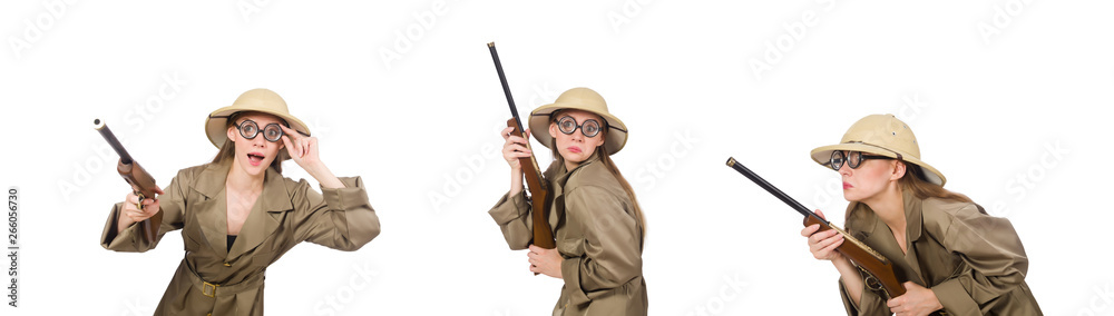 Woman wearing safari hat on white Woman wearing safari hat on white