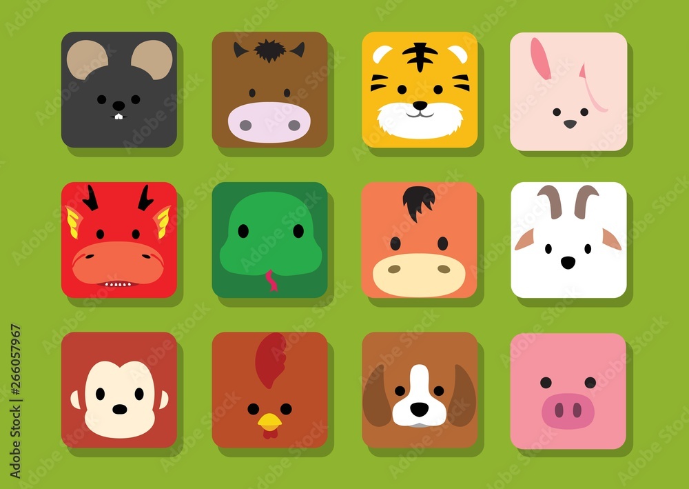 Flat Animal Faces Application Cartoon Chinese Zodiac Flat Animal Faces Application Cartoon Chinese Zodiac
