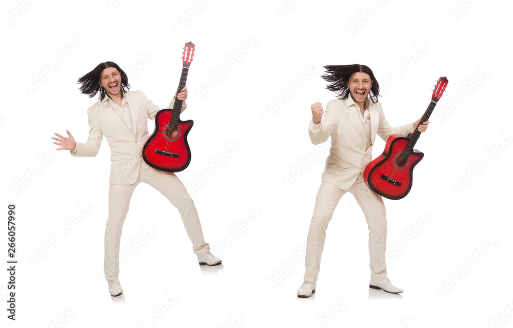 Man with guitar isolated on white