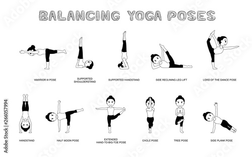 Yoga Balancing Poses Vector Illustration Monochrome