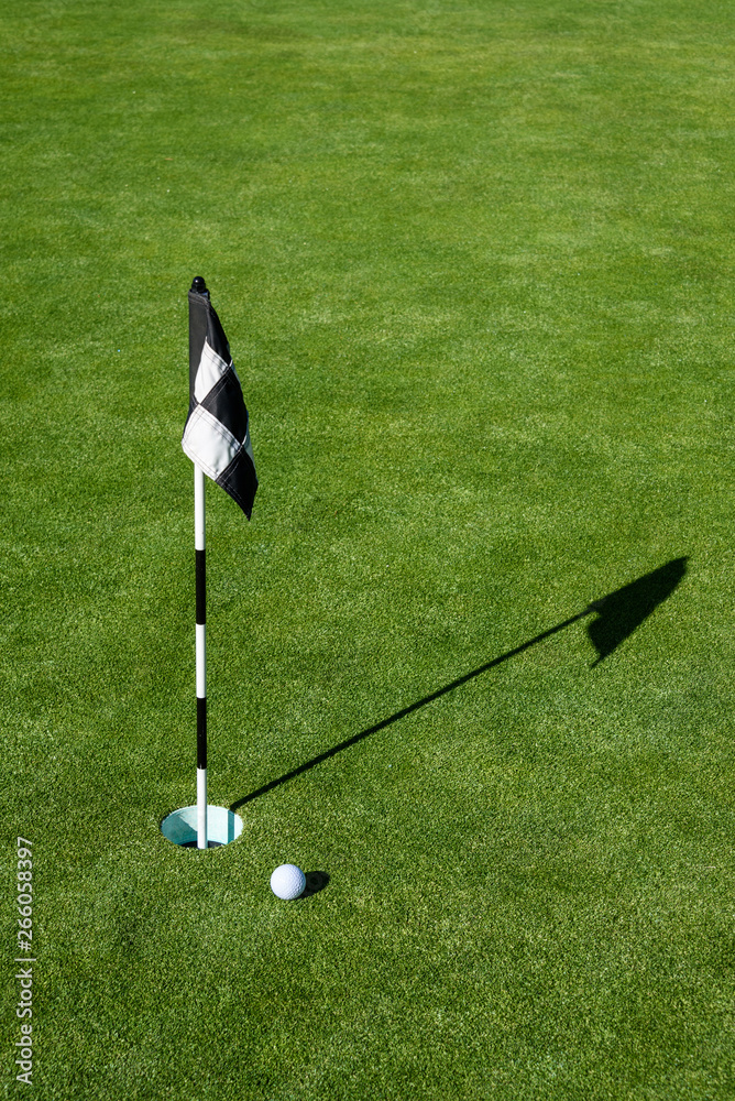 Obraz premium Golf ball on practice putting green next to hole and flag, sunny morning