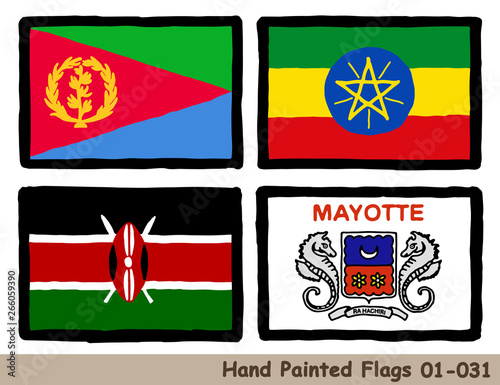 手描きの旗アイコン,エリトリアの国旗,エチオピアの国旗,ケニアの国旗,マヨットの旗 Flag of the Eritrea, Ethiopia, Kenya, Mayotte, hand drawn isolated vector icon.