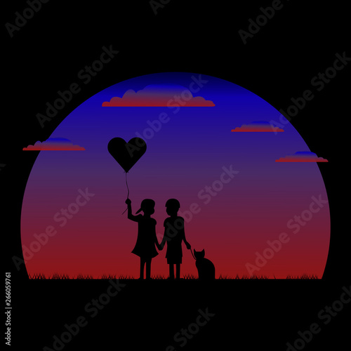 silhouette of the man and woman holding a balloon was accompanied by a pet dog