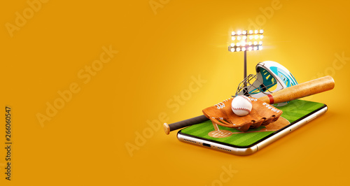 Photography Unusual 3d illustration of a baseball stadium with bat, helmet, baseball glove and ball on a smartphone screen