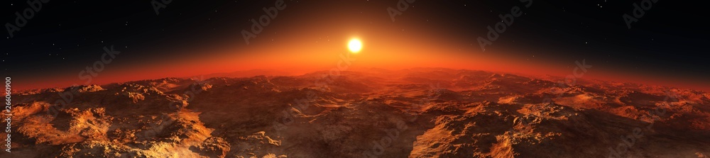 Panorama of Mars, the rise of a star over the planet