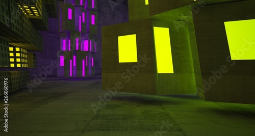Abstract Concrete Futuristic Sci-Fi interior With Pink And Green Glowing Neon Tubes . 3D illustration and rendering.