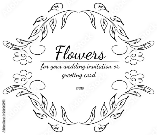 Wreath of roses or peonies flowers and branches isolated on white background. Foral frame design elements for invitations, greeting cards, posters. Hand drawn vector illustration. Line art. Sketch
