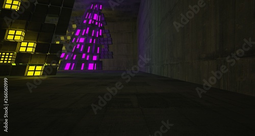 Abstract Concrete Futuristic Sci-Fi interior With Pink And Green Glowing Neon Tubes . 3D illustration and rendering.