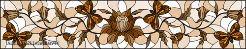 Illustration in stained glass style with abstract curly  flower and   butterfly on brown background , horizontal image, Sepia,monochrome photo